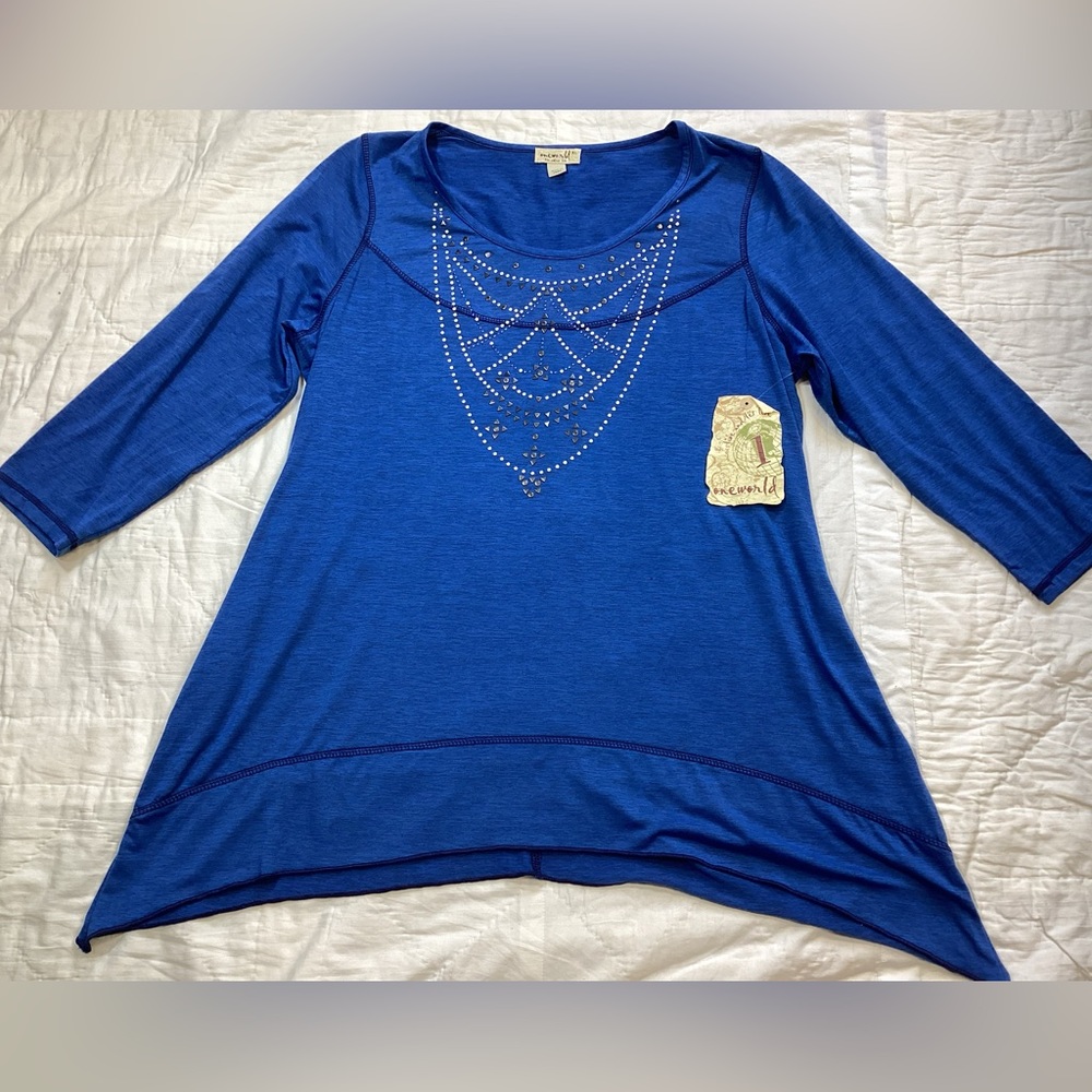 NWT One World Live and Let‎ Live Beaded Tunic Top Blue XL.